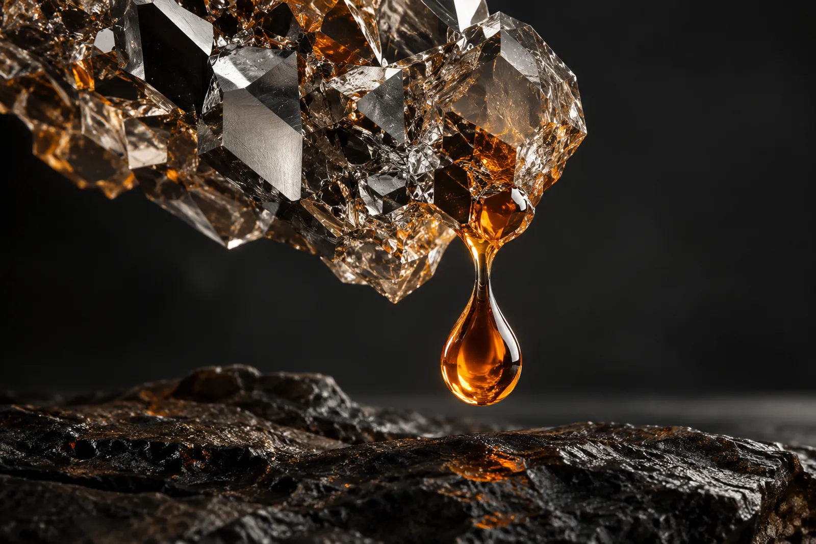 Conceptual silver crystalline structure meeting a translucent amber droplet