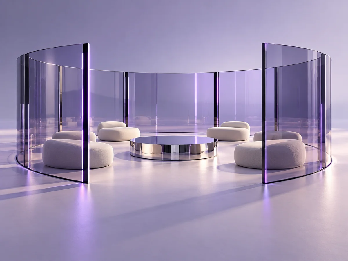 A sculptural gathering space made of translucent lilac glass and reflective architecture