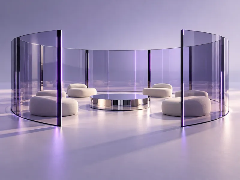 A sculptural gathering space made of translucent lilac glass and reflective architecture