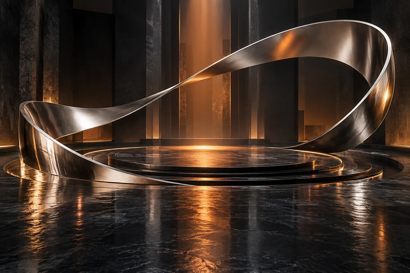 Conceptual continuous chrome ribbon framing a circular stage in a warm graphite space