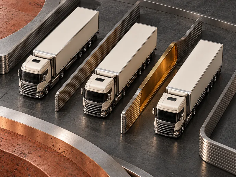 A precision graphite transport platform with three ivory freight vehicles and chrome lane dividers