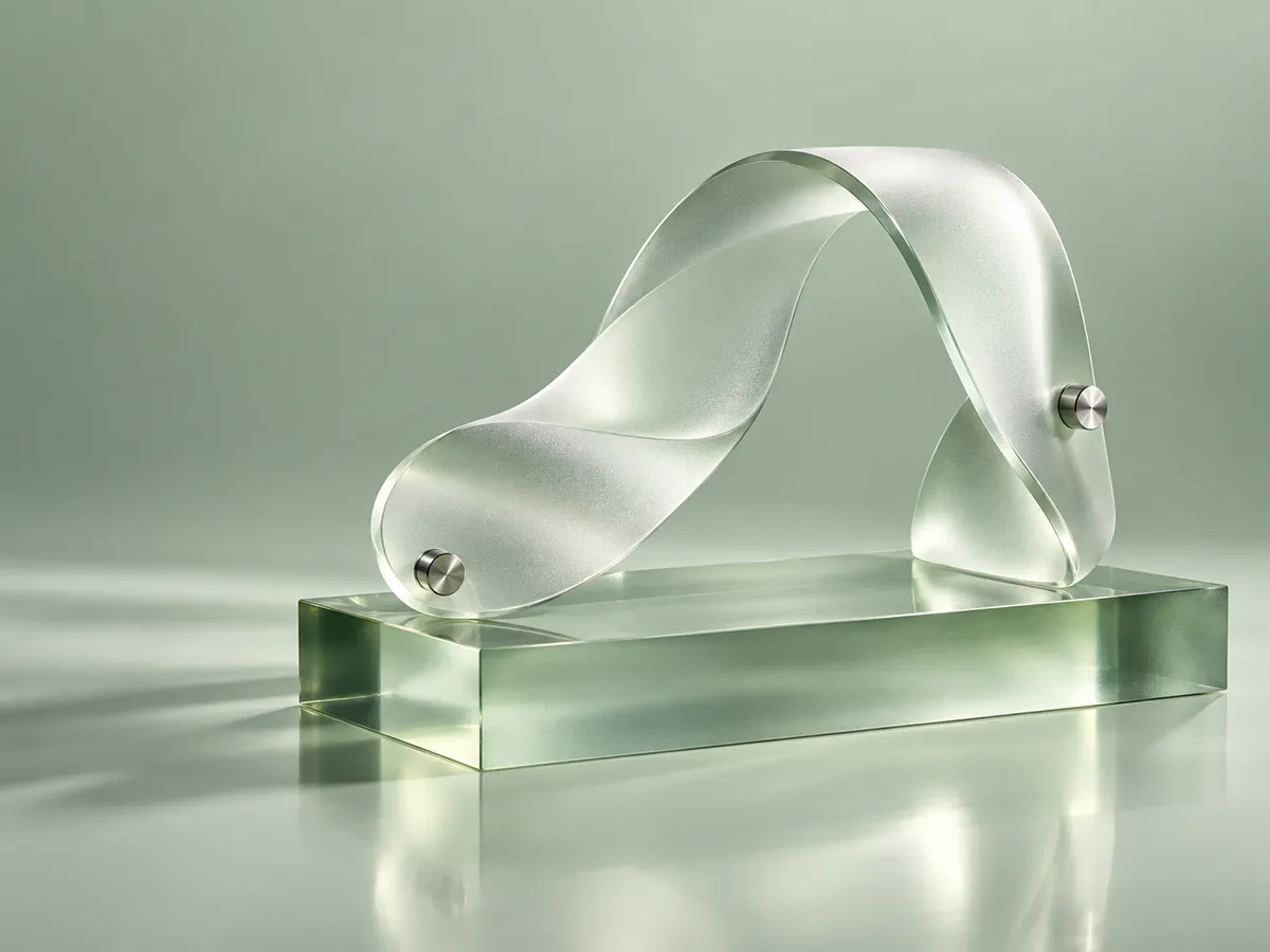 A flowing frosted glass ribbon joined by polished metal connections on a sage glass foundation