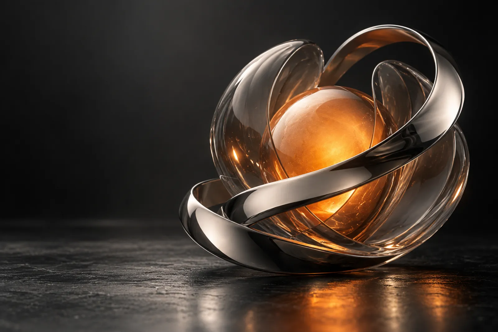 Conceptual chrome ribbon and glass shells surrounding a warm amber core, a study of continuity in care