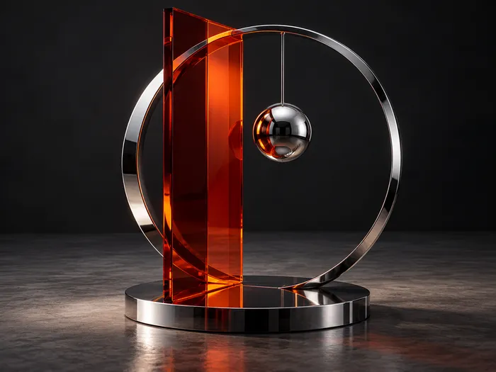 An experimental chrome ring intersecting a translucent amber glass sheet with a suspended reflective sphere
