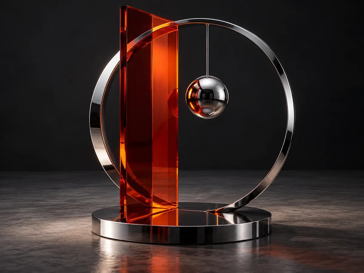 An experimental chrome ring intersecting a translucent amber glass sheet with a suspended reflective sphere