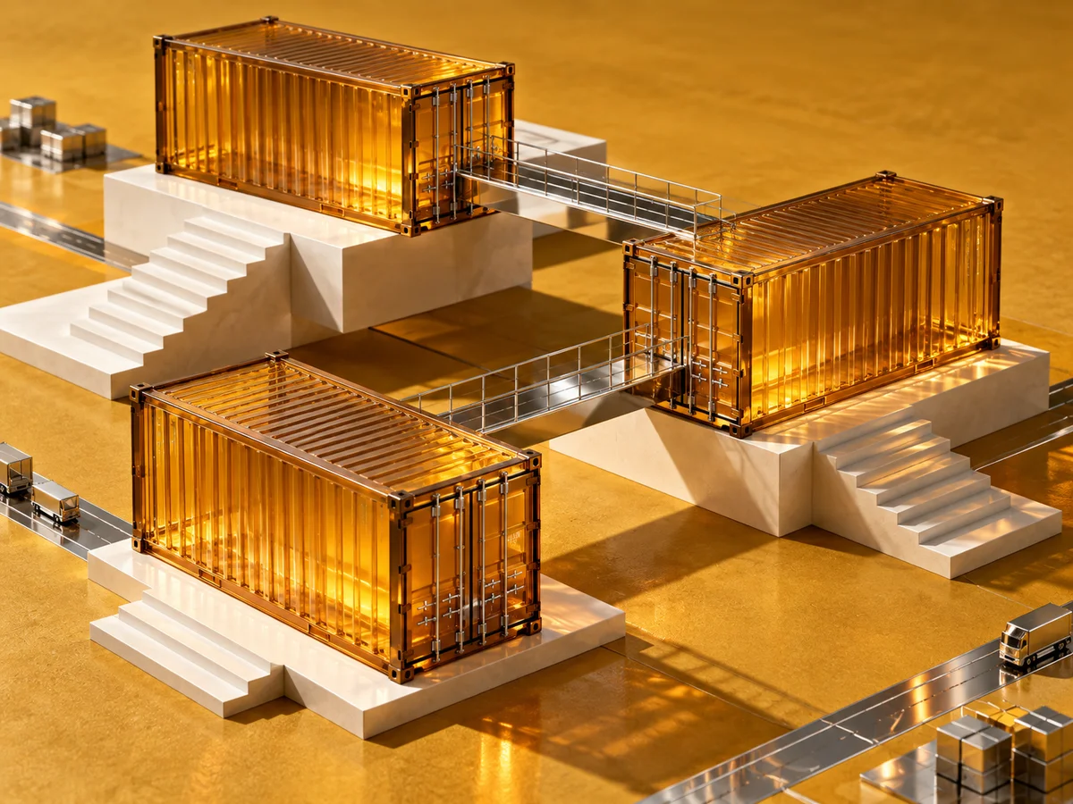 Frosted amber freight-container structures connected by precise chrome bridges on ochre terrain