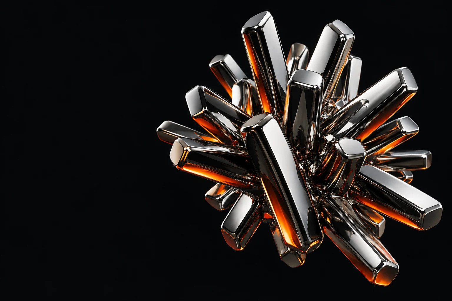A conceptual mineral of polished chrome fragments with warm orange reflections