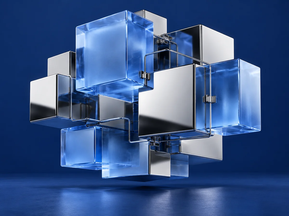 An interlocking architecture of chrome and translucent blue glass modules