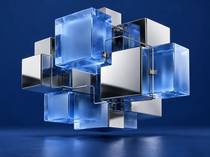An interlocking architecture of chrome and translucent blue glass modules