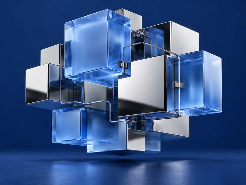 An interlocking architecture of chrome and translucent blue glass modules