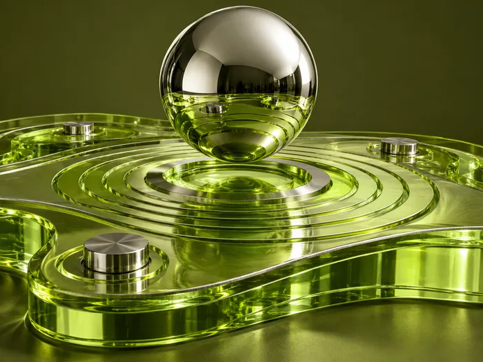 A mirrored sphere above a lime glass landscape of precise paths and connected signal nodes