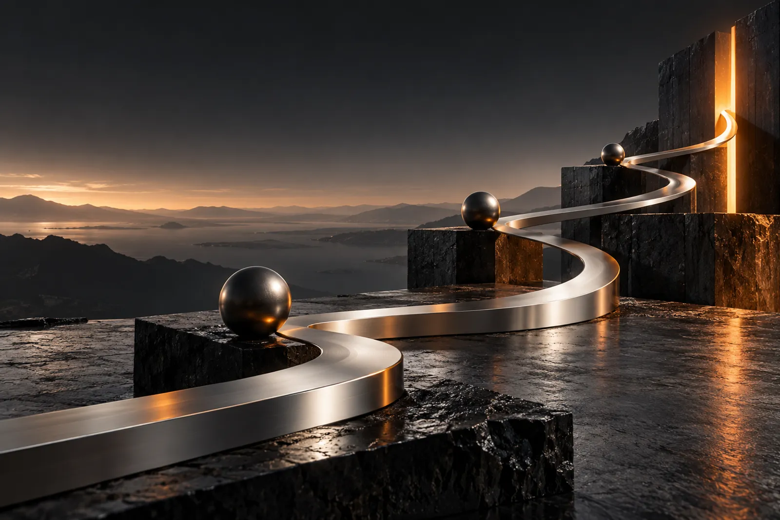 Conceptual silver route weaving between graphite waypoints toward a warm architectural opening